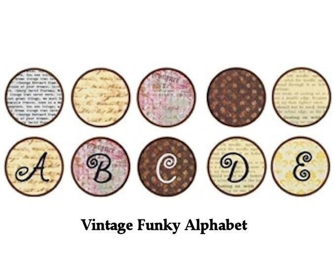 A set of ten circular decorative labels or stickers featuring the alphabet in a vintage, retro style. The designs include distressed textures, script fonts, and sepia tones, with the letters A through E shown in the bottom row above the text 'Vintage Funky Alphabet'.
