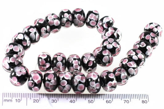 Lampwork Glass Rondelle Beads, Black/Pink Encased Flower, 1 Strand