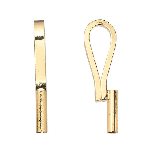 Gold metal jewelry findings, showing a flat rectangular bar on the left and a lobster claw clasp on the right, isolated on a white background.