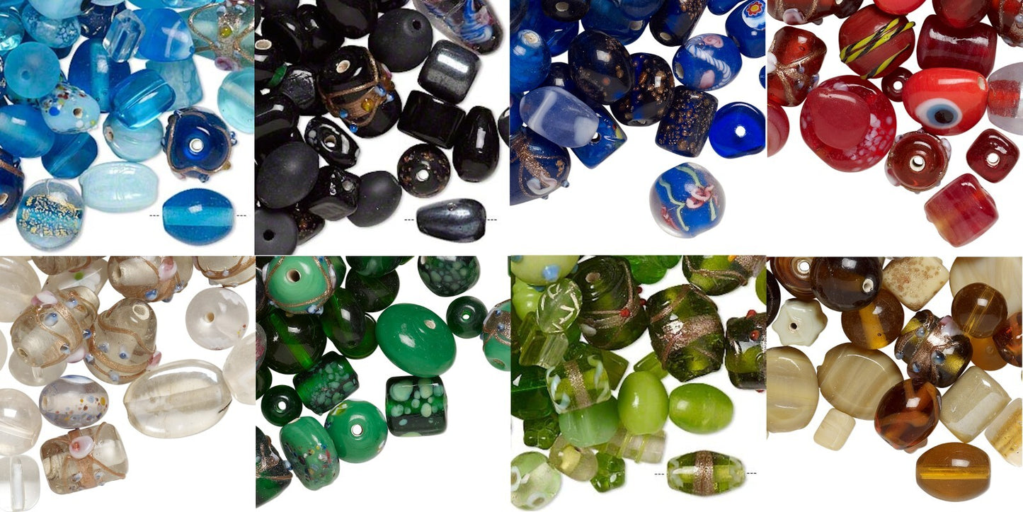 Lampworked Glass Bead Mix, Mixed Shapes, 7x4mm–14x11mm, Approx. 60–100 Beads