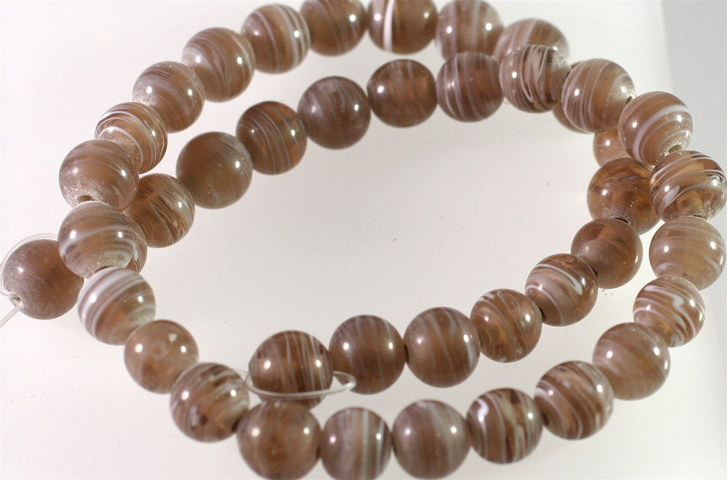 Lampwork Glass Brown White Swirl 9-10mm Round Beads, 1 Strand (approx. 38-42)