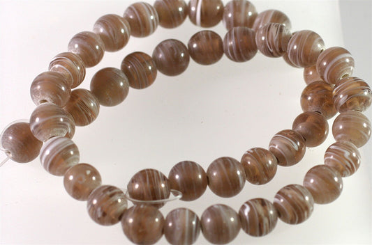 Lampwork Glass Brown White Swirl 9-10mm Round Beads, 1 Strand (approx. 38-42)