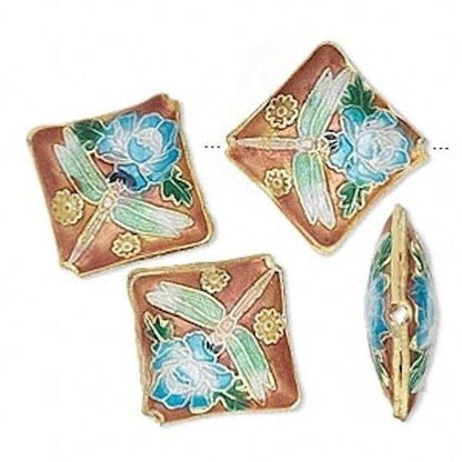 Multicolor Cloisonné Diamond Dragonfly & Flower Beads 19x6mm, 4 pcs