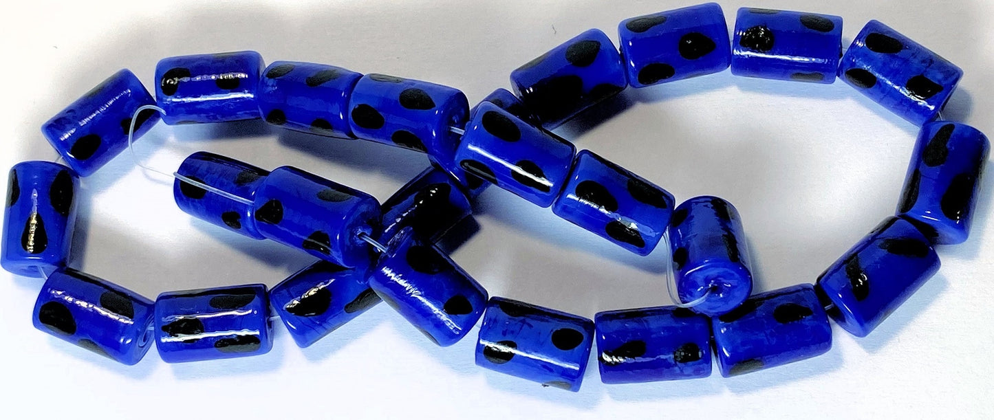 Lampwork Glass Opaque Blue with Black Polka Dots Tube Beads 16x10mm (approx. 25 pc)