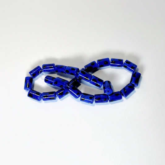 Lampwork Glass Blue & Black Polka Dot Tube Beads 16x10mm — 1 Strand