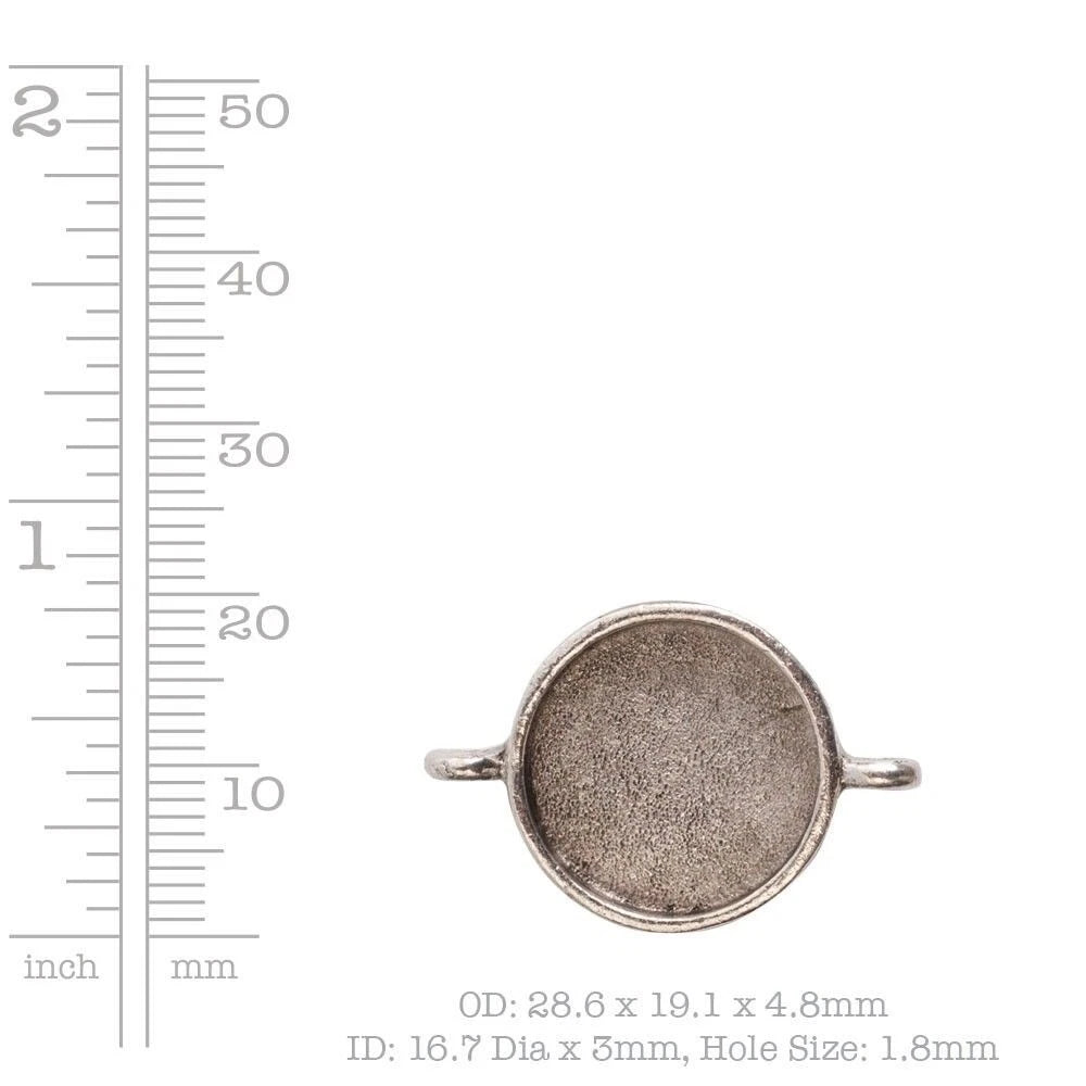 A silver-toned round bezel setting for a gemstone, shown on a white background with a inch and millimeter ruler on the left and size text below.
