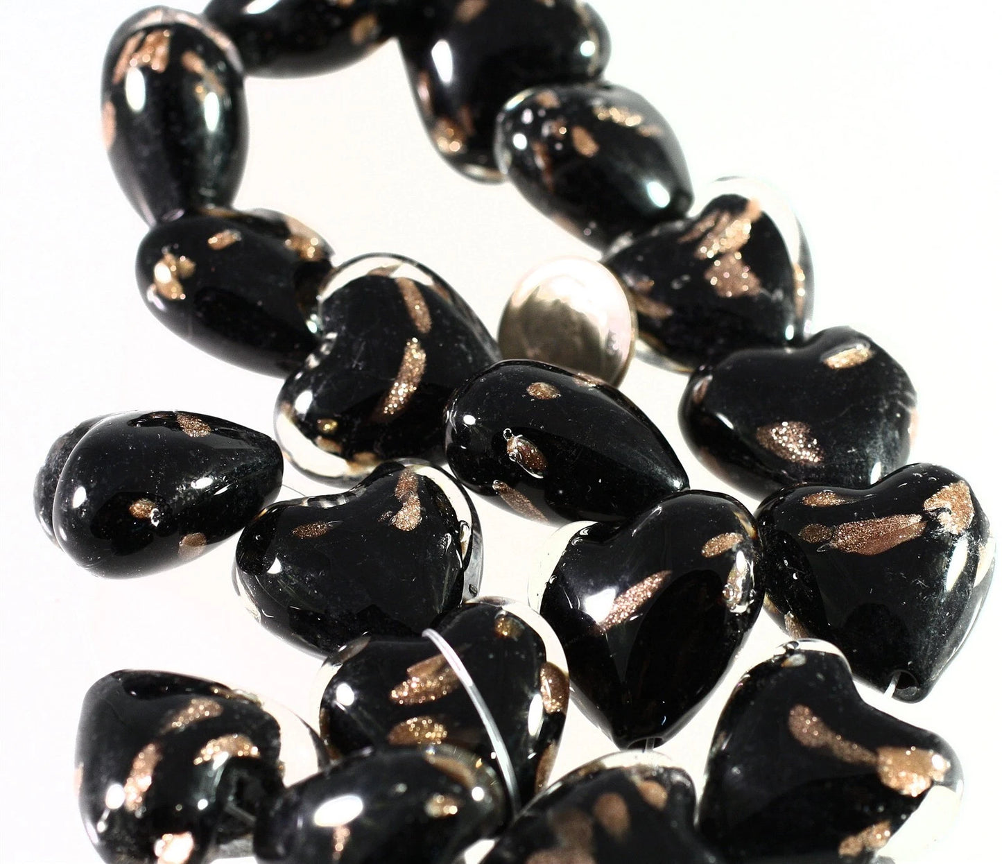 Lampwork Glass Black & Copper Puffed Heart Beads, 25-26mm, 1 Strand (approx. 17-18)