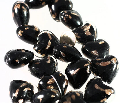 Lampwork Glass Black & Copper Puffed Heart Beads, 25-26mm, 1 Strand (approx. 17-18)