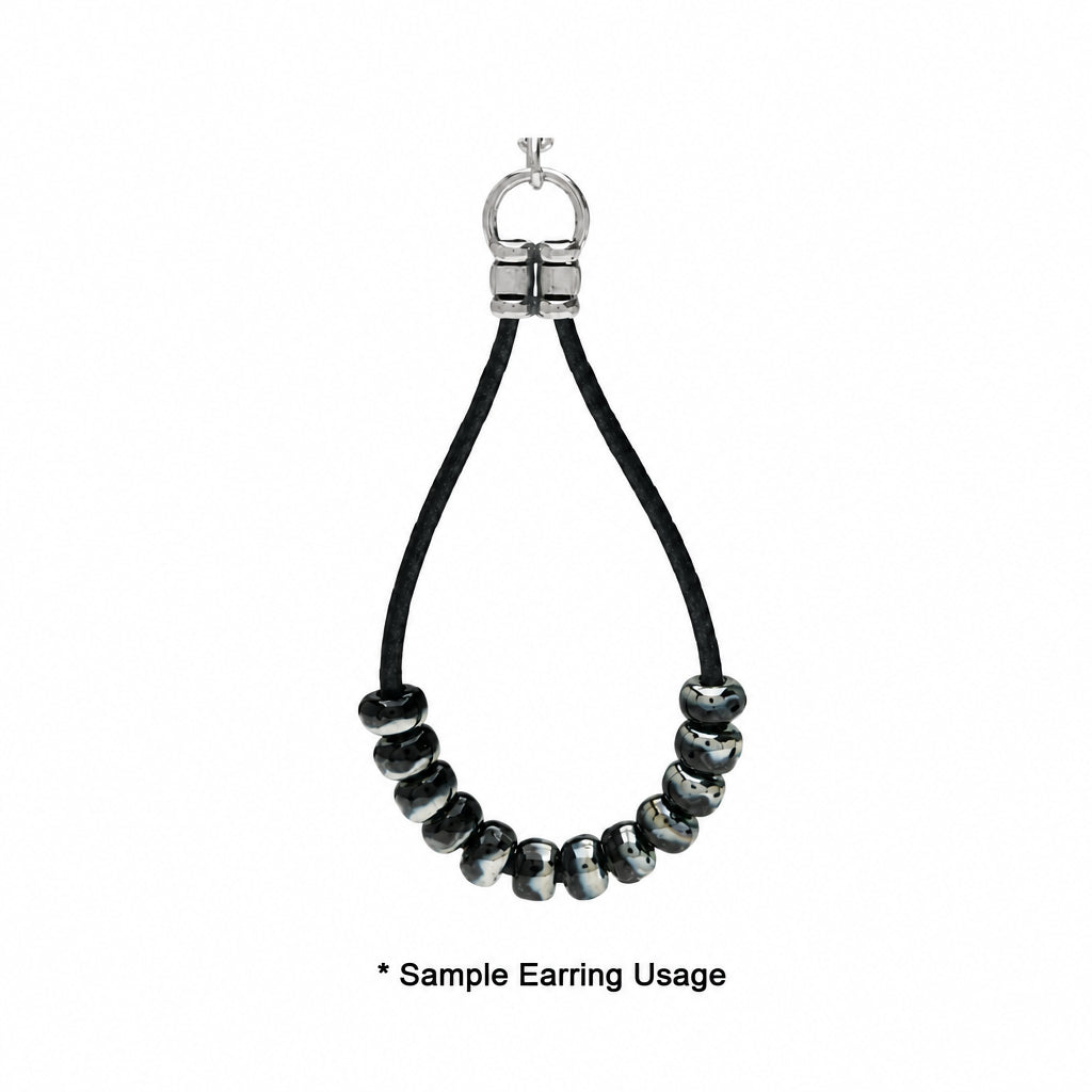 A close-up of a black cord earring with a silver metal ring clasp and a row of glossy black beads with subtle iridescent highlights, shown on a white background with the text '* Sample Earring Usage' at the bottom.
