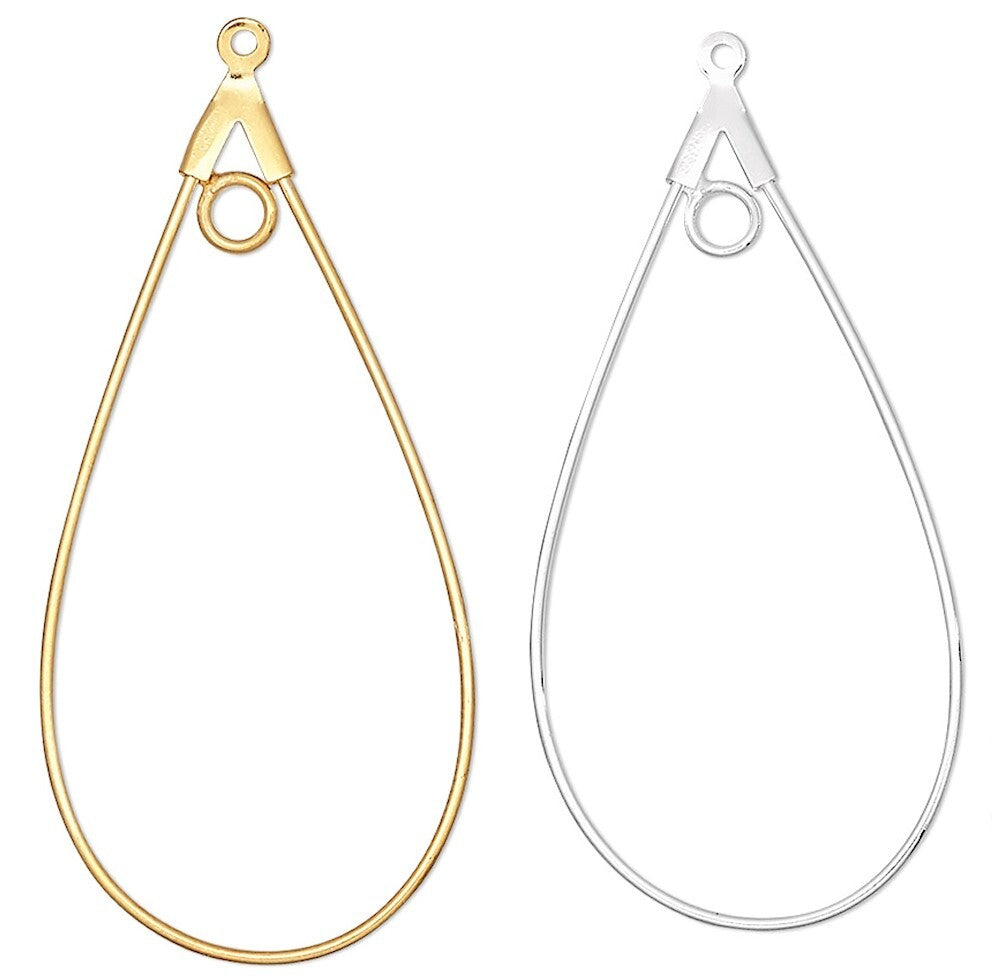 Beading Hoops, Teardrop, 40x22mm, 20 Gauge, Gold or Silver Plated Brass