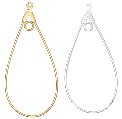 Beading Hoops, Teardrop, 40x22mm, 20 Gauge, Gold or Silver Plated Brass