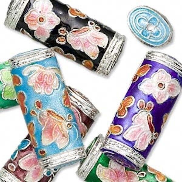 Assorted Cloisonné Flat Tube Beads Mix 28x12x7mm, 6 pcs