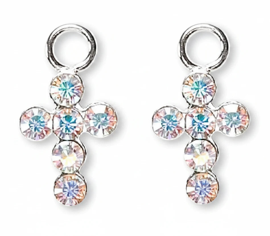 Sterling Silver Cross Charms with Swarovski Crystal AB, 7x5mm, 2 pcs