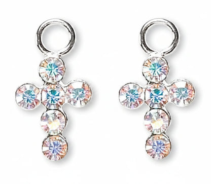 Sterling Silver Cross Charms with Swarovski Crystal AB, 7x5mm, 2 pcs