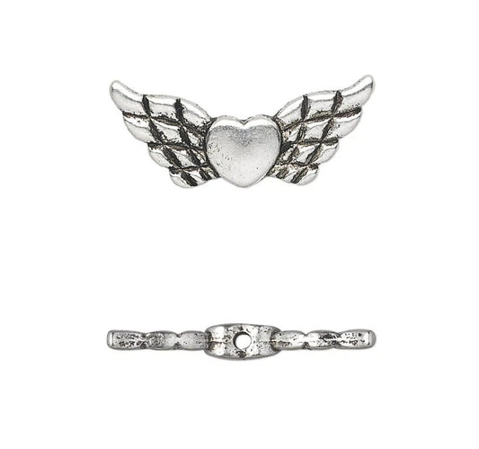 Antiqued Silver Plated Double-Sided Angel Wing with Heart Beads, 22x9mm, 20 pcs