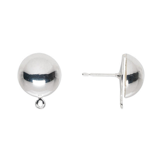 Silver Plated Steel Half Ball Earring Posts 12mm with Closed Loop