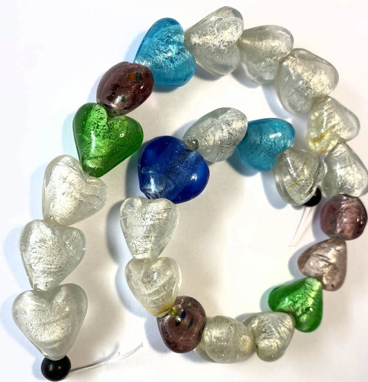 Lampwork Glass Puffed Heart Beads, Multicolor with Foil, 18-21mm, 1 strand