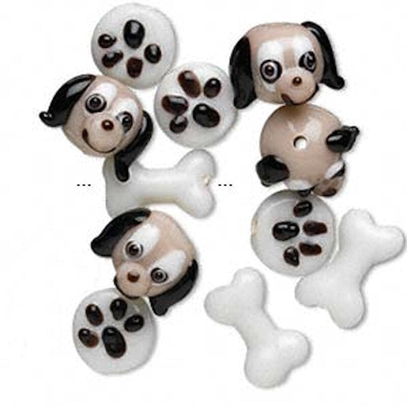 Lampwork Glass Dog Head Paw & Bone Bead Set, Assorted Neutral Colors, 11 pcs