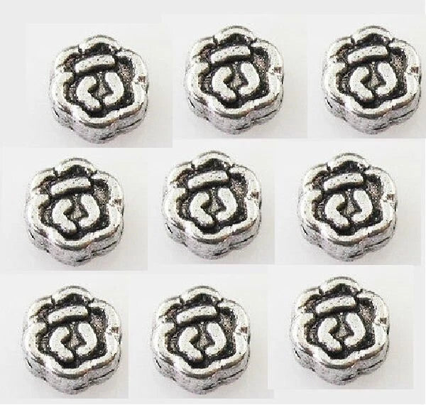 Antiqued Silver Brass 7mm Double Sided Rose Flower Beads, 26 pcs