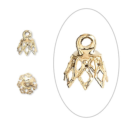 Gold Plated Brass Filigree Bell Bead Caps, 8x5.5mm 7-Prong - Pack of 100
