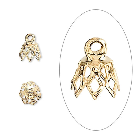 Gold Plated Brass Filigree Bell Bead Caps, 8x5.5mm 7-Prong - Pack of 100
