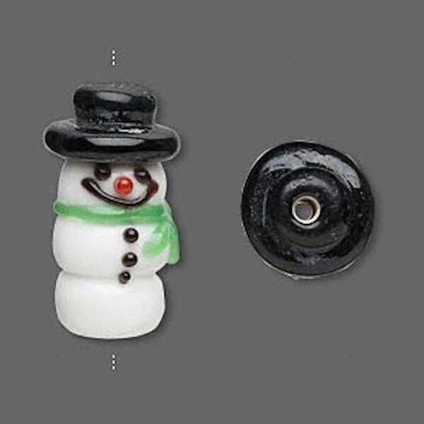 Lampwork Glass 25x12mm Snowman with Hat Beads, 2 Beads
