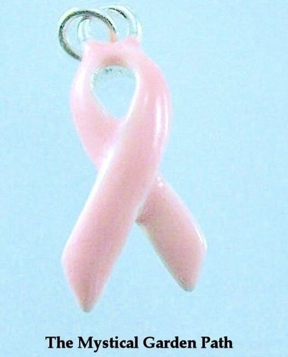 Silver-Plated Enameled Pink Ribbon Awareness Charms, 9x17mm, 4 pcs