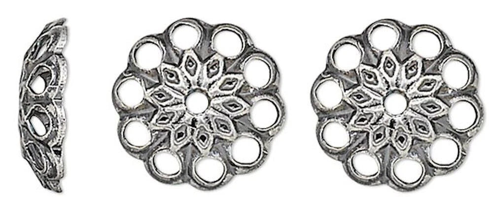 Antiqued Silver Plated Brass Round Filigree Bead Caps, 8x2mm, 100 pcs