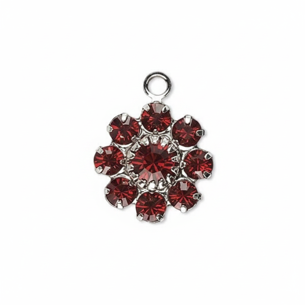 Silver-Plated Brass Flower Drop Charms, Swarovski Siam, 12x10mm, 2 pcs