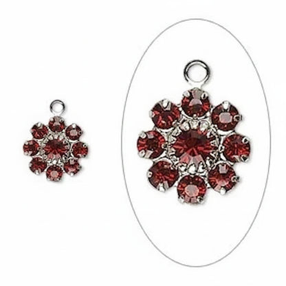 Silver-Plated Brass Flower Drop Charms, Swarovski Siam, 12x10mm, 2 pcs