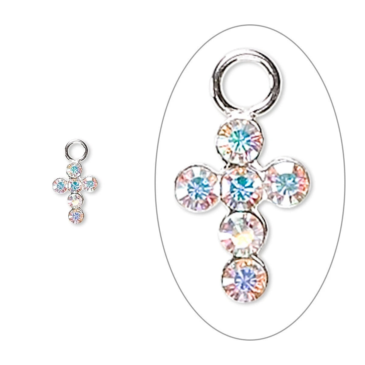 Sterling Silver Cross Charms with Swarovski Crystal AB, 7x5mm, 2 pcs