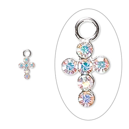 Sterling Silver Cross Charms with Swarovski Crystal AB, 7x5mm, 2 pcs