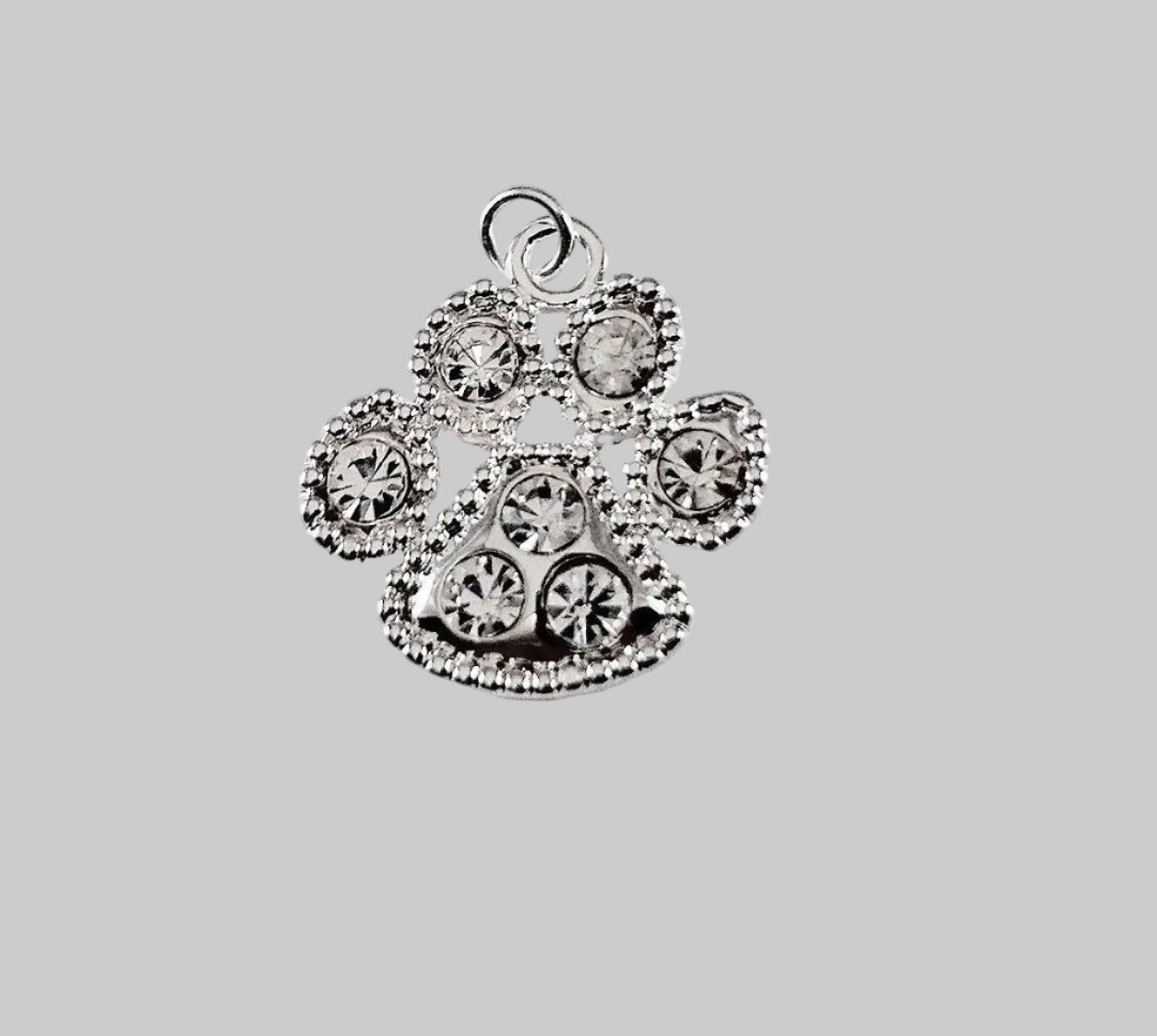 A silver paw print charm embellished with clear rhinestones, displayed on a light gray background with the text 'The Mystical Garden Path' underneath.