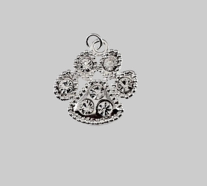 A silver paw print charm embellished with clear rhinestones, displayed on a light gray background with the text 'The Mystical Garden Path' underneath.