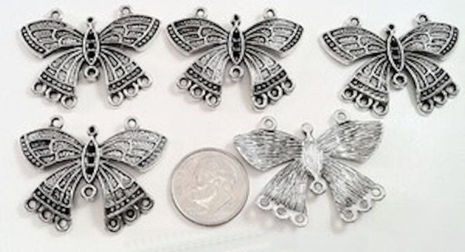 Antiqued Silver Plated Pewter 35x22mm Butterfly Link Connector with 10 Loops, 5 pcs