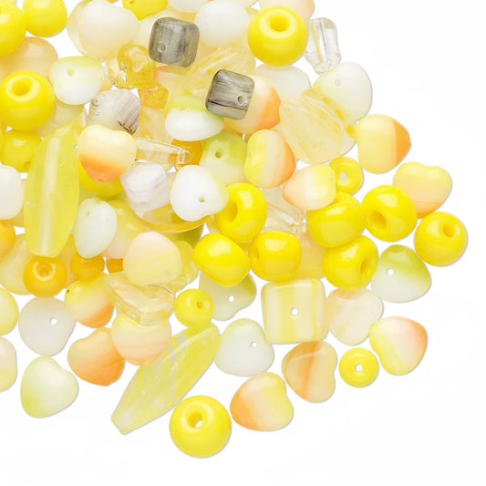 Czech Pressed Glass Yellow Bead Mix, Assorted Shapes, 3-18mm, 50g