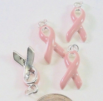 Silver-Plated Enameled Pink Ribbon Awareness Charms, 9x17mm, 4 pcs