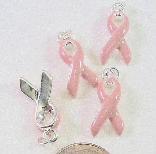 Silver-Plated Enameled Pink Ribbon Awareness Charms, 9x17mm, 4 pcs