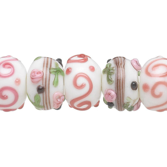Lampwork Glass Rondelle Beads, White/Pink/Black Daisy & Swirl, 20 pcs