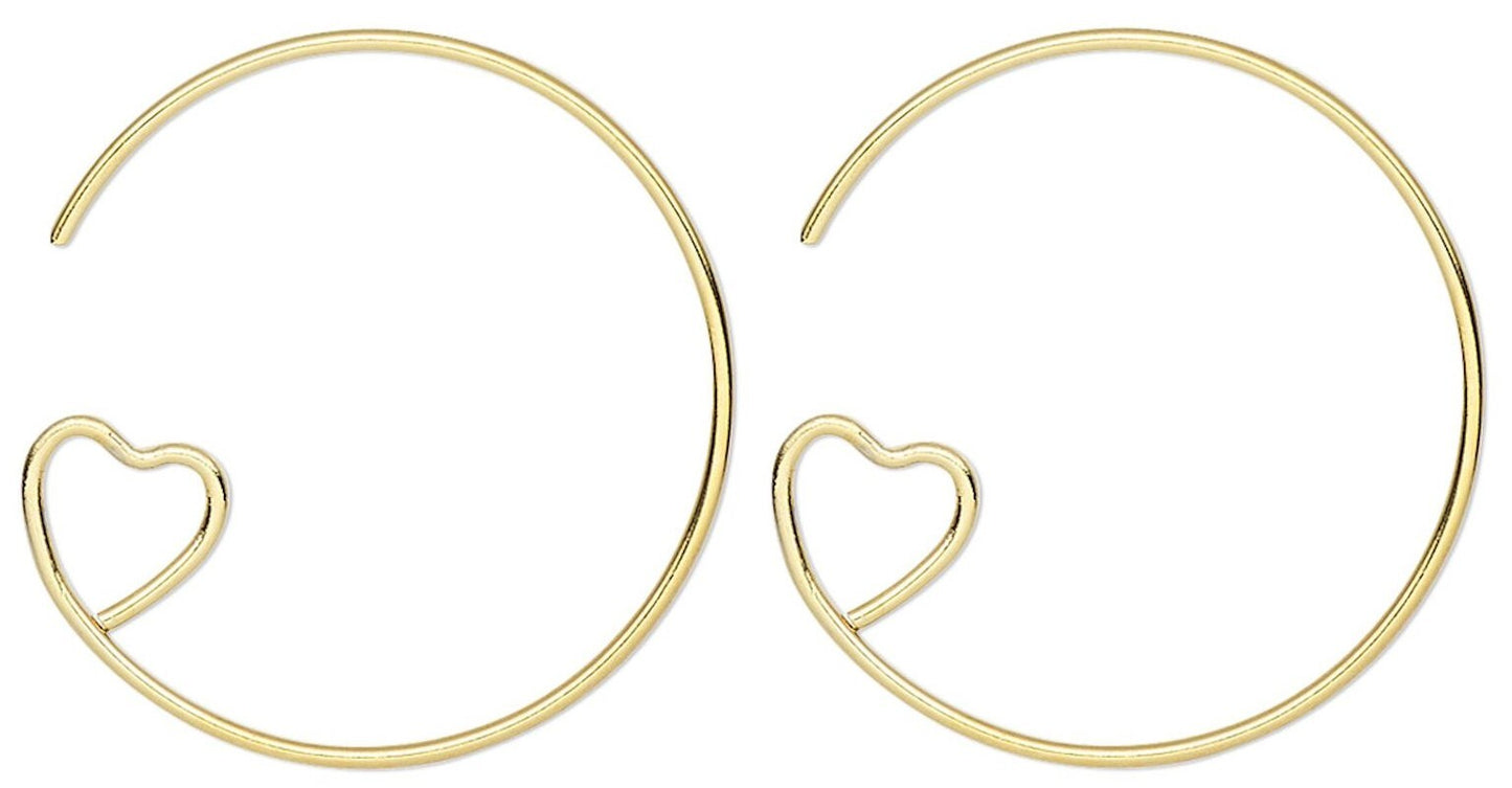 Gold Plated Brass 23mm Hoop Ear Wires with Open Heart Loop, 19 Gauge, 10 pcs
