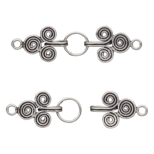 Antiqued Sterling Silver Spiral Hook & Eye Clasps, 38x11mm - 2 sets