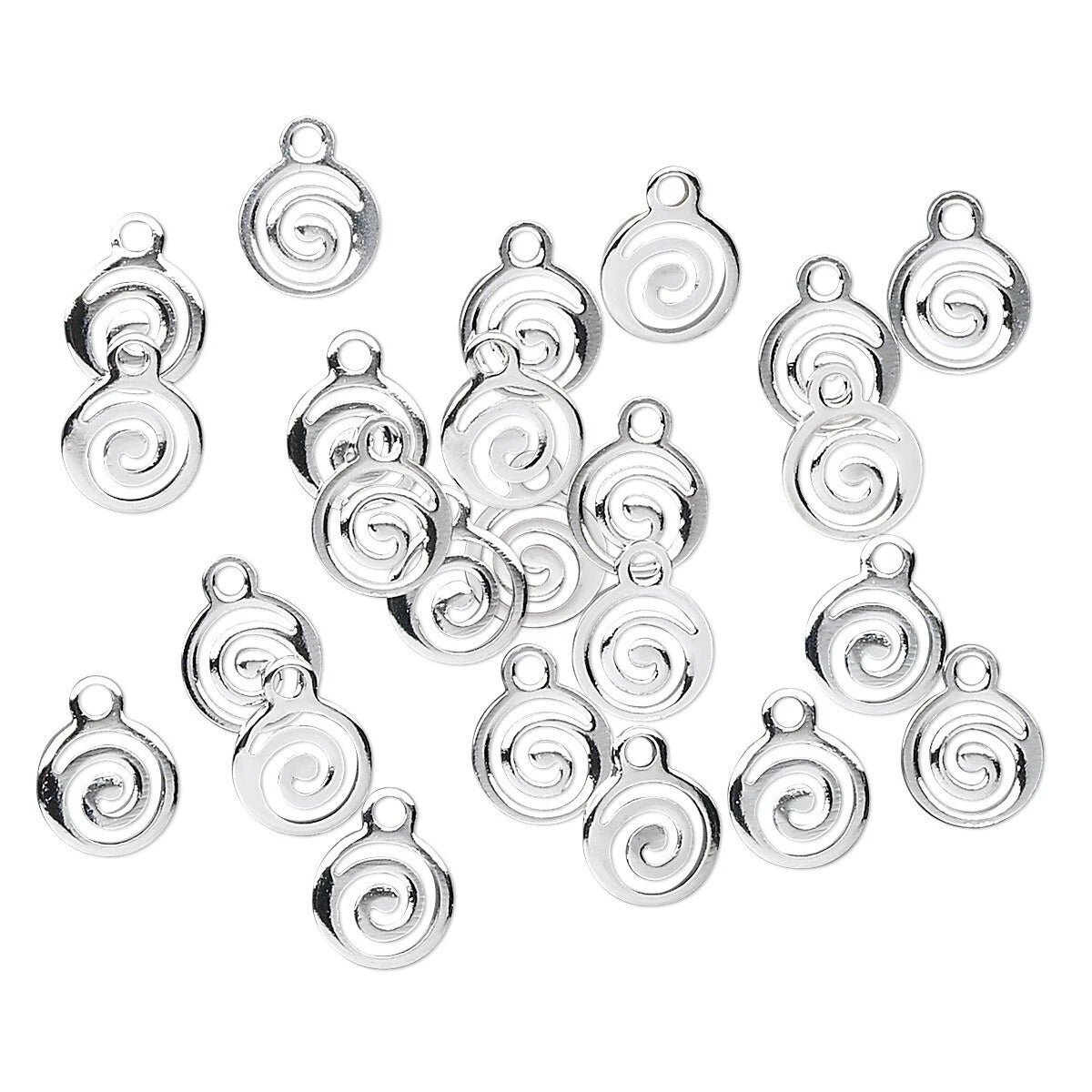 Multiple silver spiral-shaped jewelry charms with top loops, scattered on a plain white background.