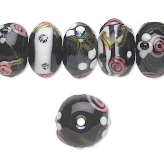 Lampwork Glass White Pink Black Floral Bumpy Rondelle Beads, 20 pcs