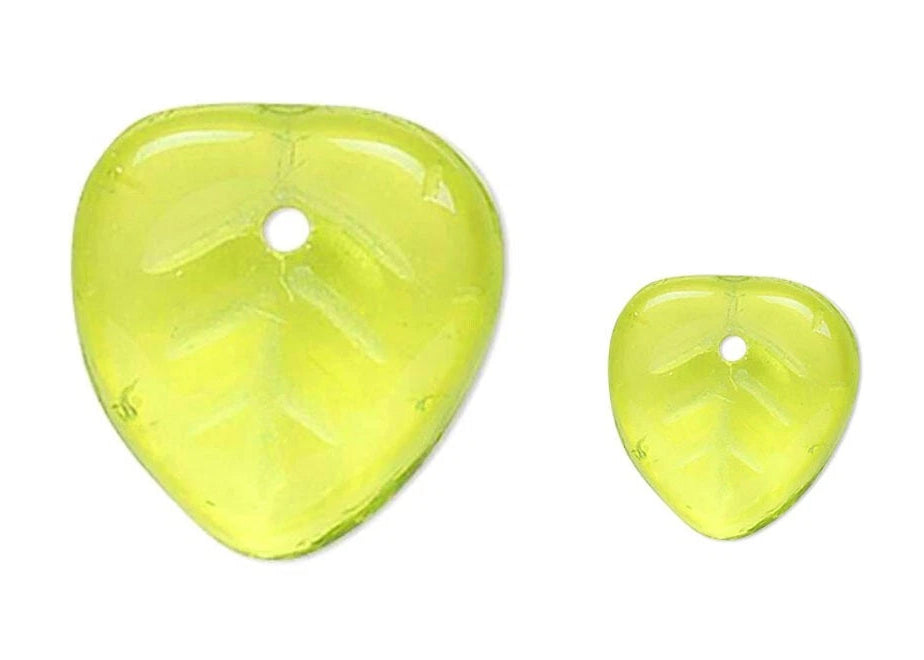 Two translucent lime green heart-shaped beads with a central hole, shown on a plain white background.