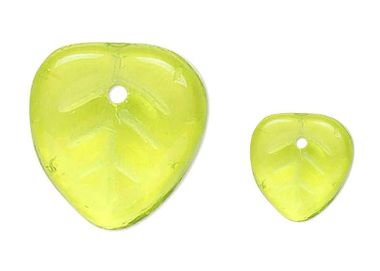 Two translucent lime green heart-shaped beads with a central hole, shown on a plain white background.
