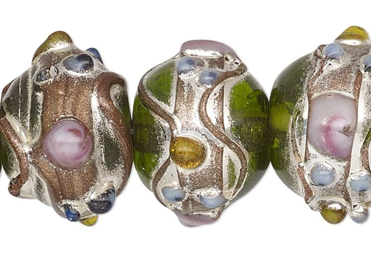 Lampwork Glass 11x13mm Rondelle Beads, Green with Silver & Gold Foil, 30 pcs