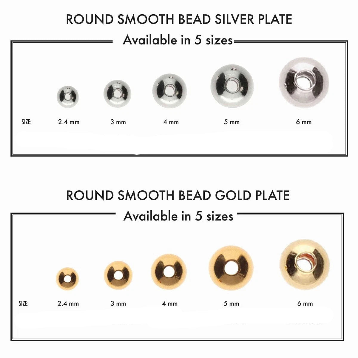 A size chart for round smooth beads showing silver and gold plated options in five sizes from 2.4 mm to 6.