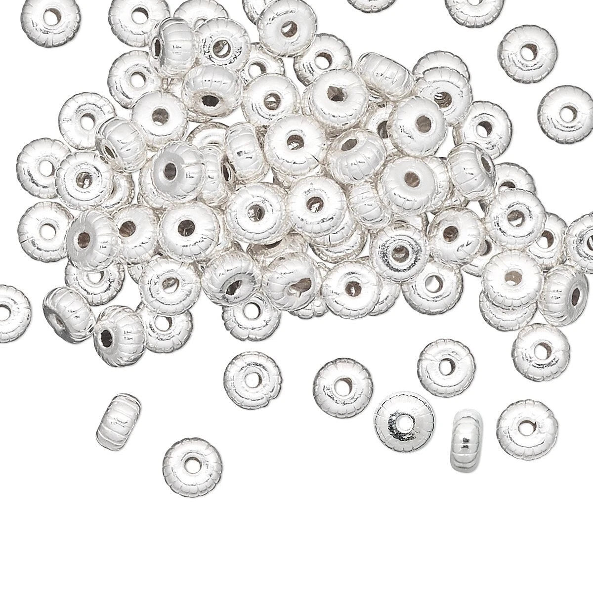 Silver Plated Brass Corrugated Rondelle Beads, 4.5x2.5mm, 100 pcs