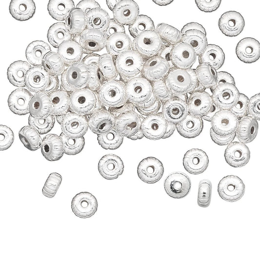 Silver Plated Brass Corrugated Rondelle Beads, 4.5x2.5mm, 100 pcs