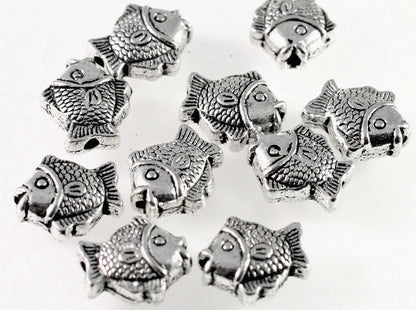 Antiqued Silver Plated Pewter 15x13mm Double Sided Puffed Fish Beads, 10 pcs